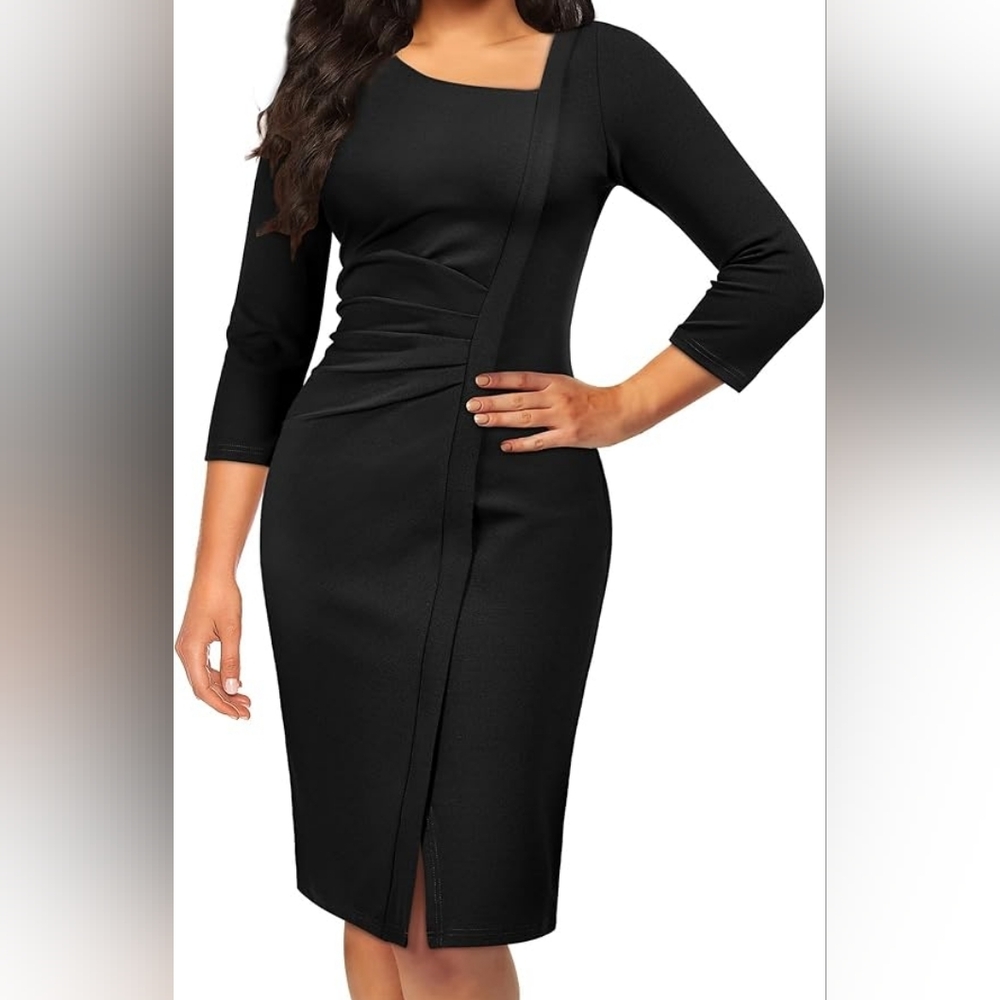 NWT Women's Retro 3/4 Sleeve Ruched Elegant Business Pencil Sheath Dress, Medium
